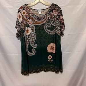 DRESS BARN, Green, Paisley Short Sleeve Long Plus Size Blouse, Size 1X